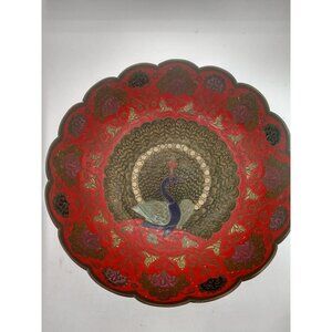 Handcrafted Red & Gold Brass Decorative Bowl With Peacock Design